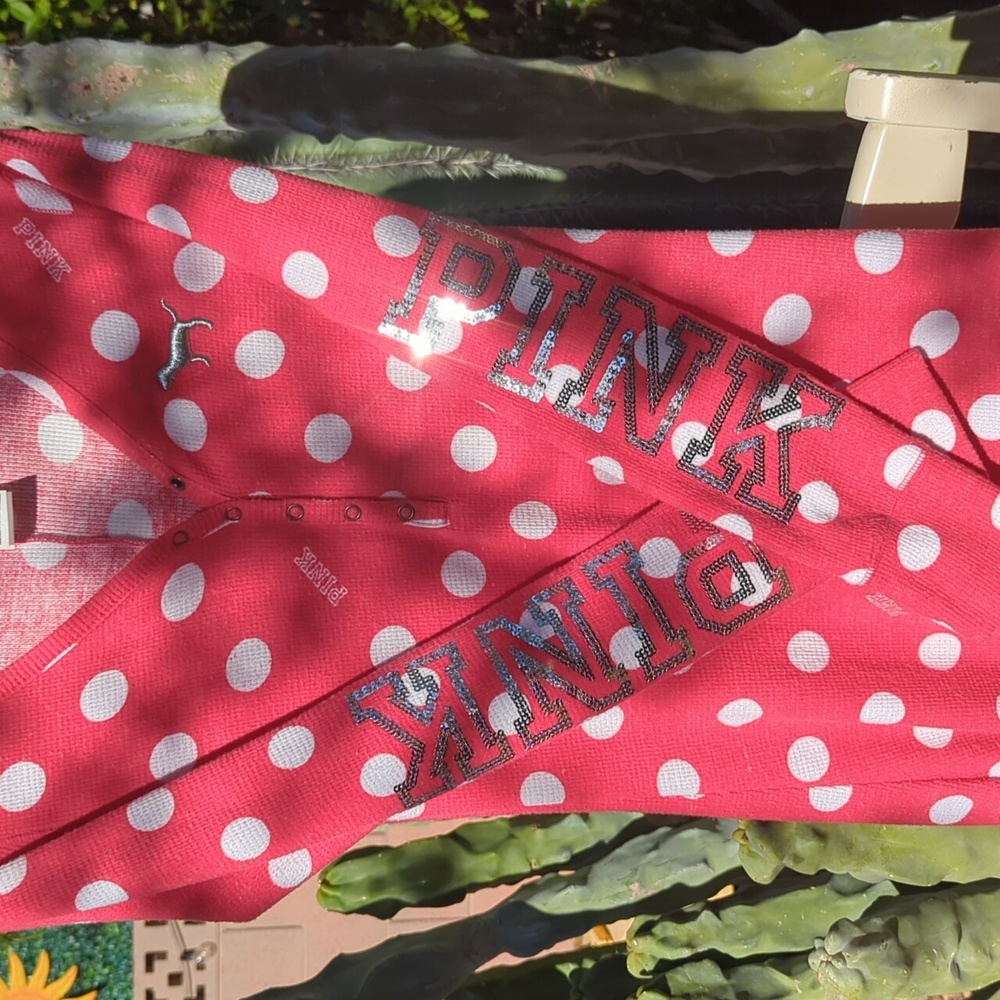 Vtg VS PINK Sequin Logo Polka Dot Henley Onesie Pajamas Drop Seat Butt Flap S